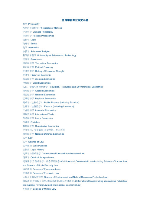 全国学科专业英文名称