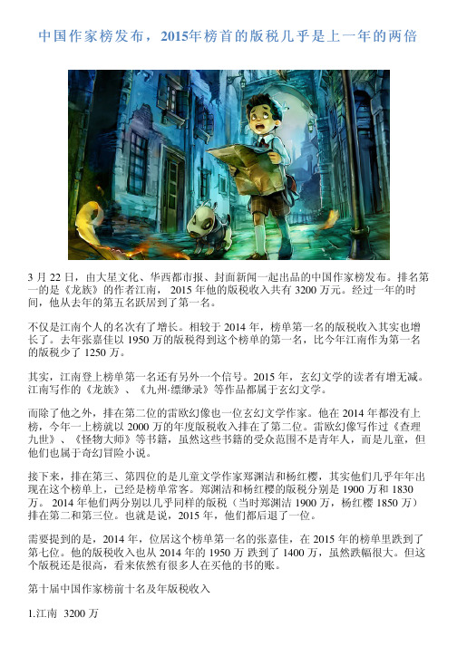 中国作家榜发布,2015年榜首的版税几乎是上一年的两倍