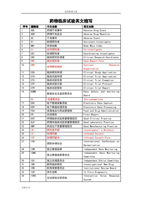 药物临床试验英文缩写总汇编