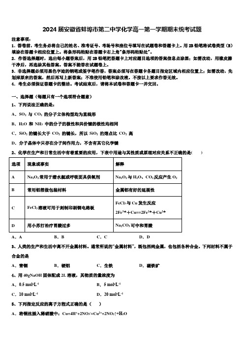 2024届安徽省蚌埠市第二中学化学高一第一学期期末统考试题含解析