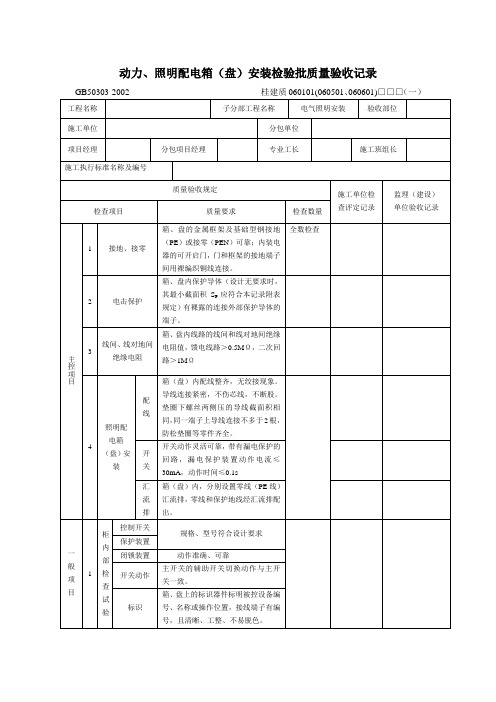 动力、照明配电箱(盘)安装检验批质量验收记录