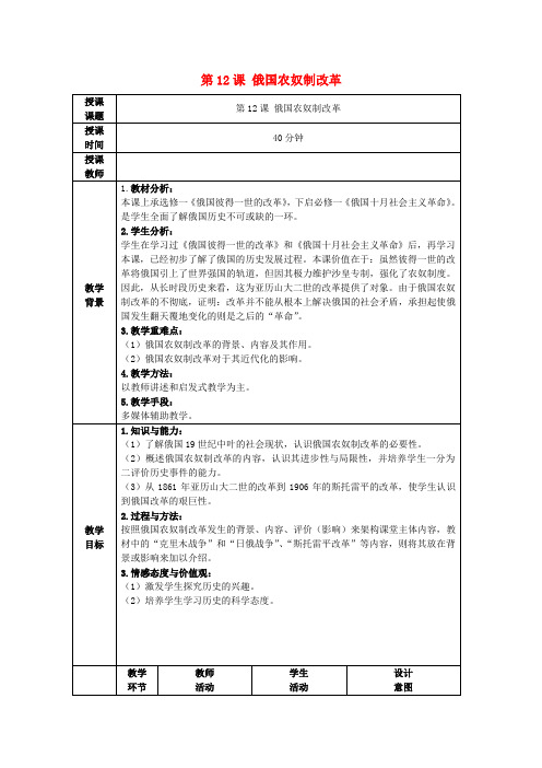 高中历史第四单元工业文明冲击下的改革第12课俄国农奴制改革(4)教学教案岳麓版选修1