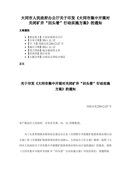 大同市人民政府办公厅关于印发《大同市集中开展对关闭矿井“回头看”行动实施方案》的通知