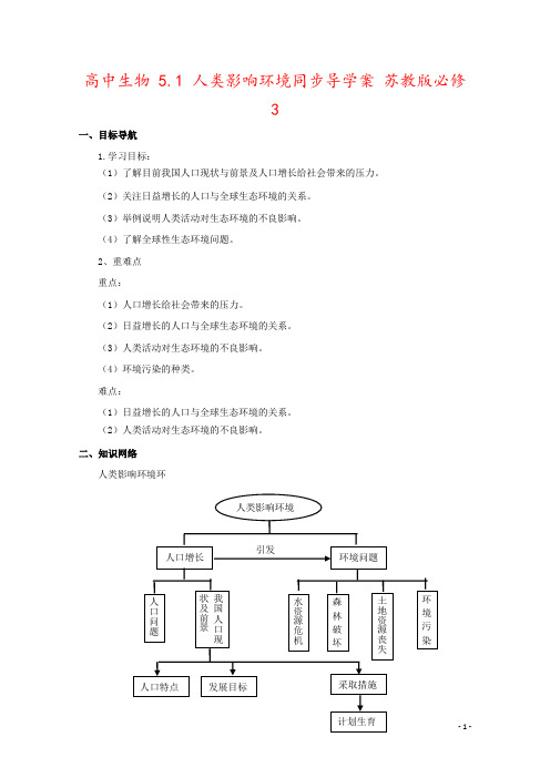 高中生物 5.1 人类影响环境同步导学案 苏教版必修3