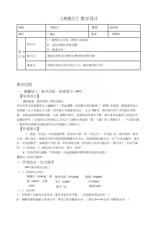 苏教版语文选修《唐诗宋词选读》《燕歌行》教学设计.docx