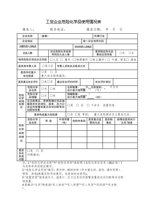 工贸企业危险化学品使用情况表