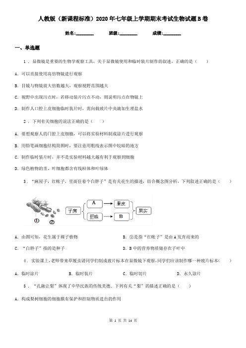 人教版(新课程标准)2020年七年级上学期期末考试生物试题B卷(练习)