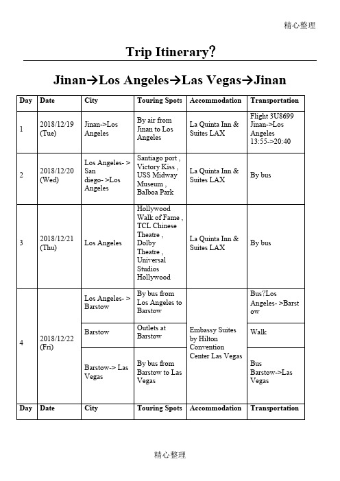 Trip Itinerary 美国旅游行程表 模板格式