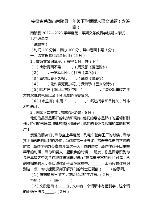 安徽省芜湖市南陵县七年级下学期期末语文试题(含答案)