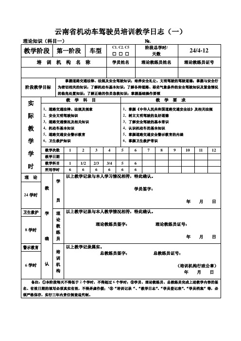 云南省机动车驾驶员培训教学日志