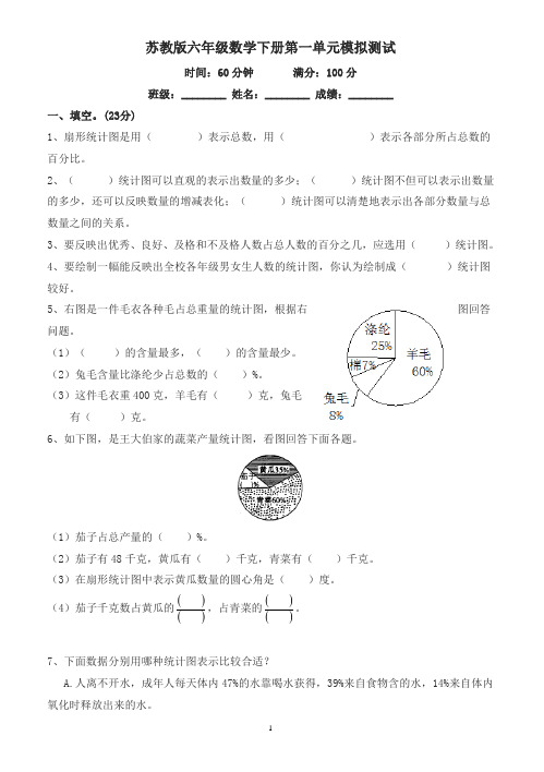 苏教版小学六年级数学下册第1单元《扇形统计图》综合练习题附答案