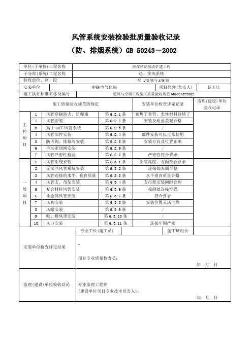 3、风管系统安装检验批质量验收记录——送、排风系统