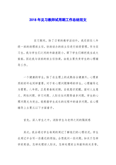 2018年见习教师试用期工作总结范文