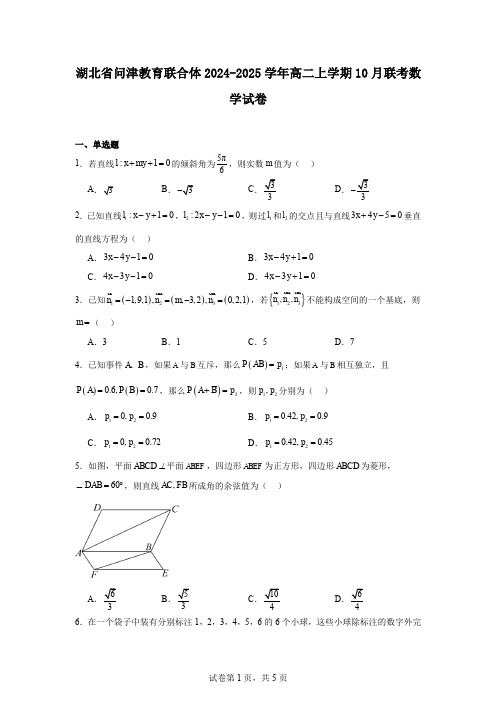 湖北省问津教育联合体2024-2025学年高二上学期10月联考数学试卷