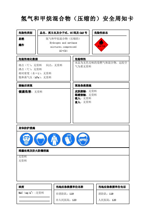 氢气和甲烷混合物(压缩的)安全周知卡、职业危害告知卡、理化特性表