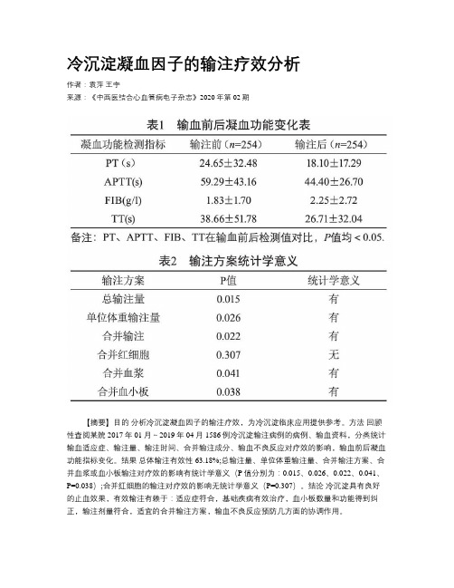 冷沉淀凝血因子的输注疗效分析
