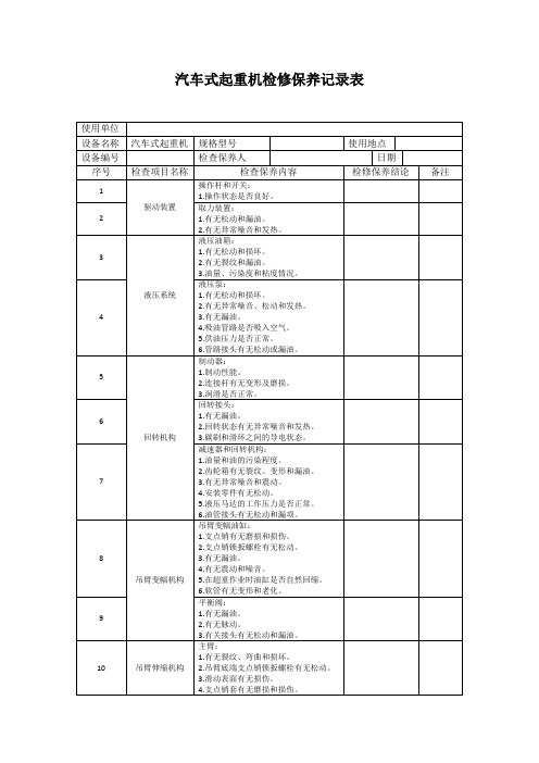 汽车式起重机检修保养记录表