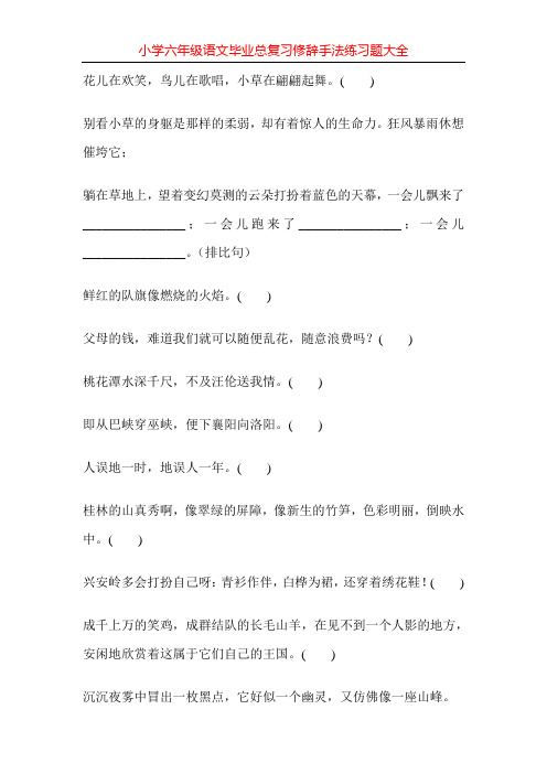 小学六年级语文毕业总复习修辞手法练习题大全100