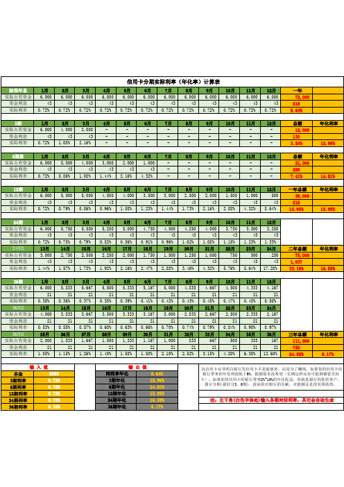 信用卡分期实际利息利率(年化率)计算表