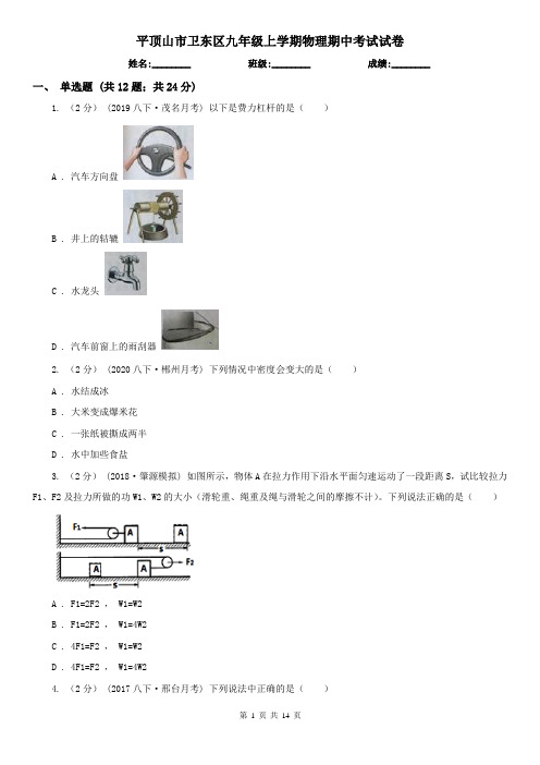 平顶山市卫东区九年级上学期物理期中考试试卷