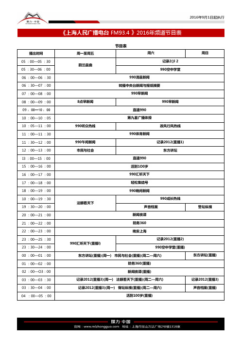 上海人民广播电台AM990广播节目表(2016年9月1日起执行)