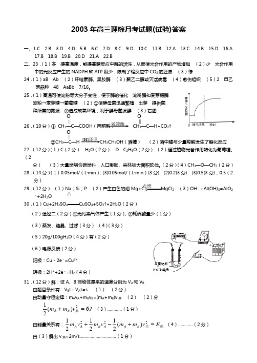 2003年高三理综月考试题(试验)答案