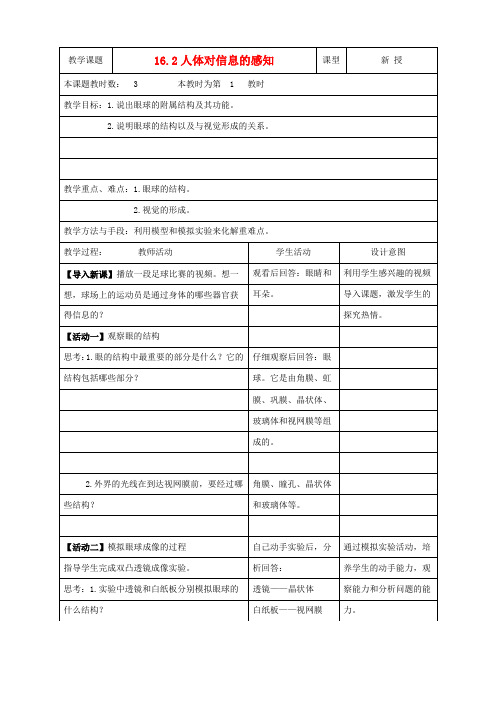 八年级生物上册16.2人体对信息的感知(第1课时)教案(新版)苏科版