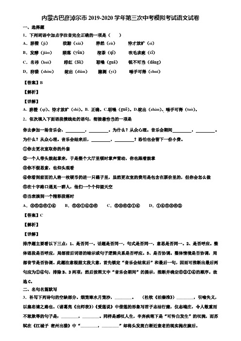 内蒙古巴彦淖尔市2019-2020学年第三次中考模拟考试语文试卷含解析