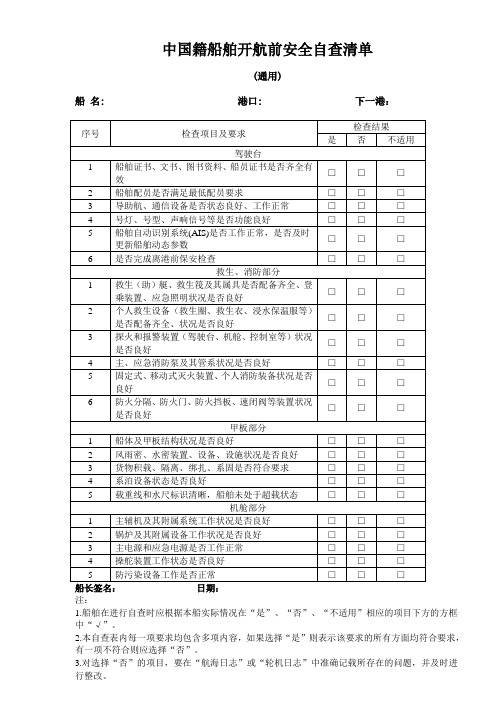 中国籍船舶开航前安全自查清单