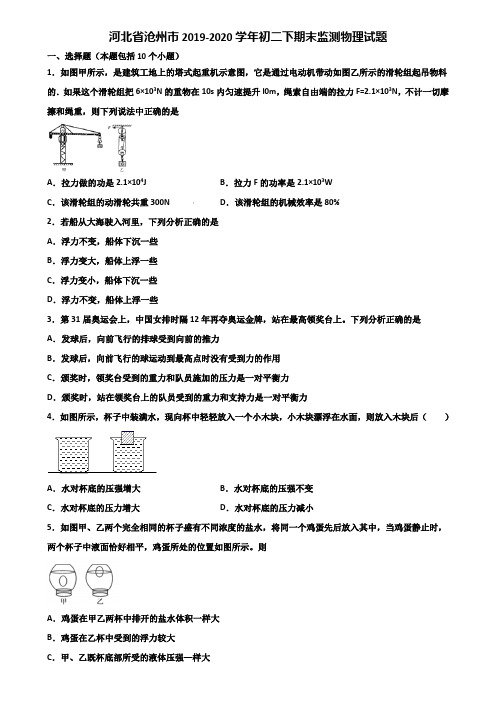 河北省沧州市2019-2020学年初二下期末监测物理试题含解析