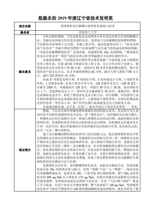 拟提名的2019年度辽宁省技术发明奖