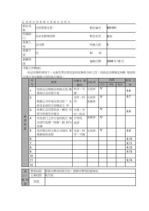 企划部经营管理主管职位说明书及关键绩效标准