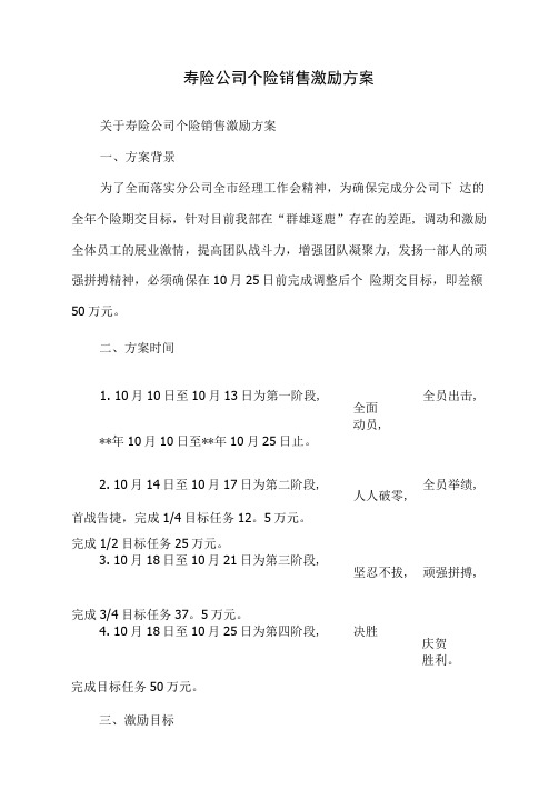 寿险公司个险销售激励方案