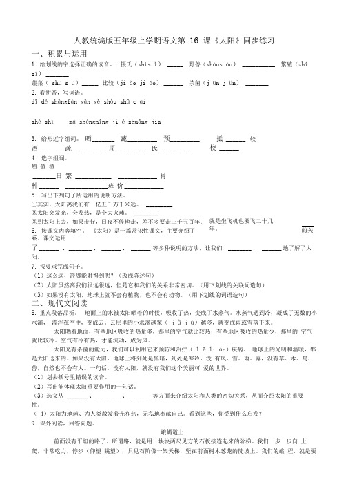 统编版新版五年级上册语文试题-第16课《太阳》同步练习人教部编版(含答案)