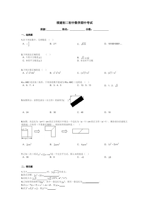 福建初二初中数学期中考试带答案解析
