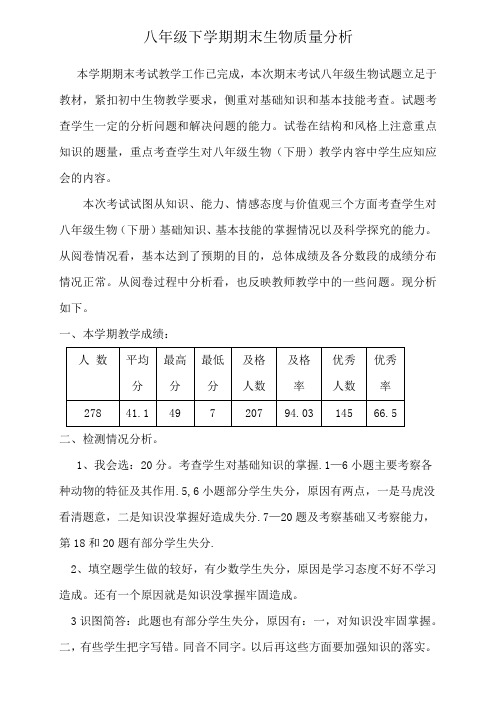 八年级生物下册 期末考试 质量分析