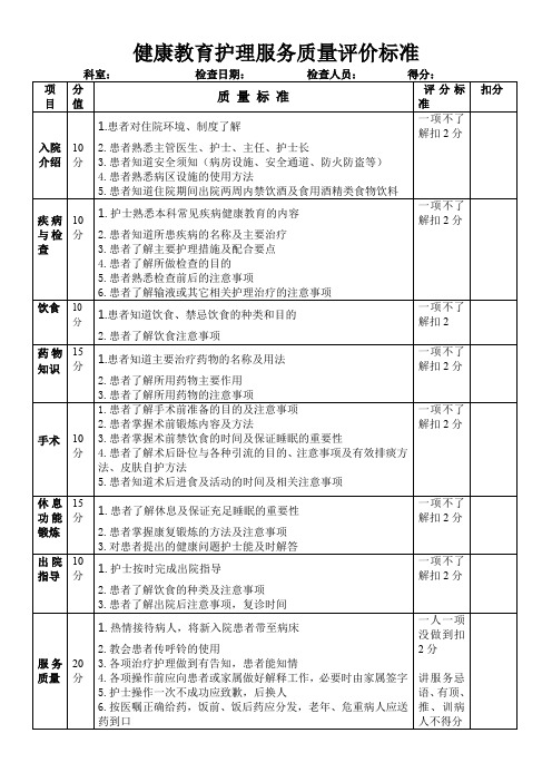 健康教育护理服务质量评价标准