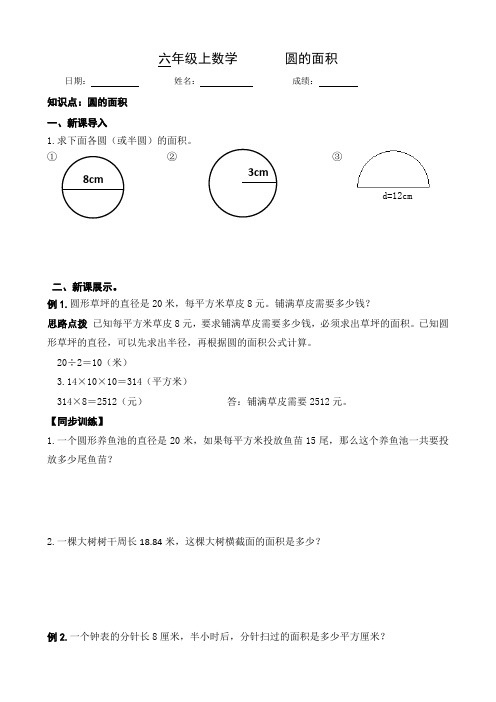 人教版六年级上册数学《圆的面积》试题