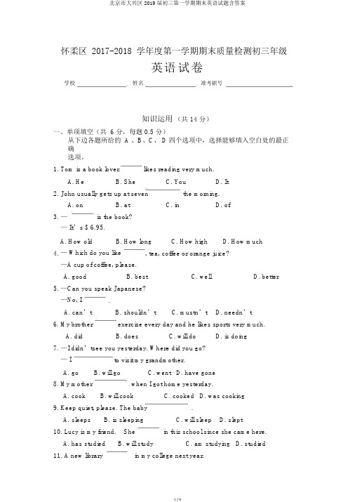 北京市大兴区2019届初三第一学期期末英语试题含答案