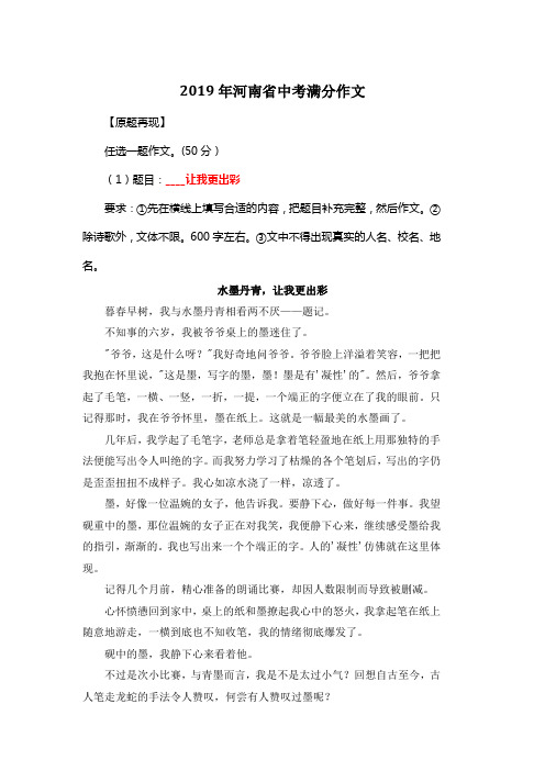 2019年河南省中考满分作文《水墨丹青,让我更出彩》