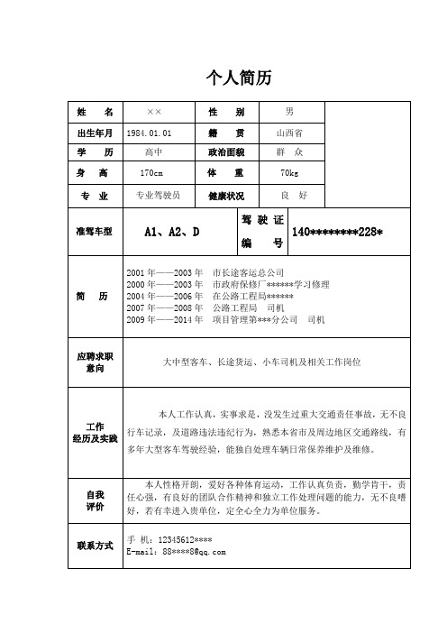 司机驾驶员应聘个人简历