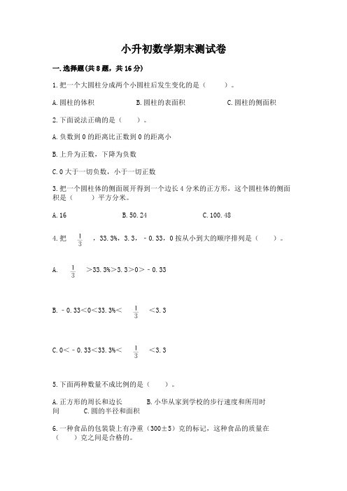 小升初数学期末测试卷及参考答案(完整版)