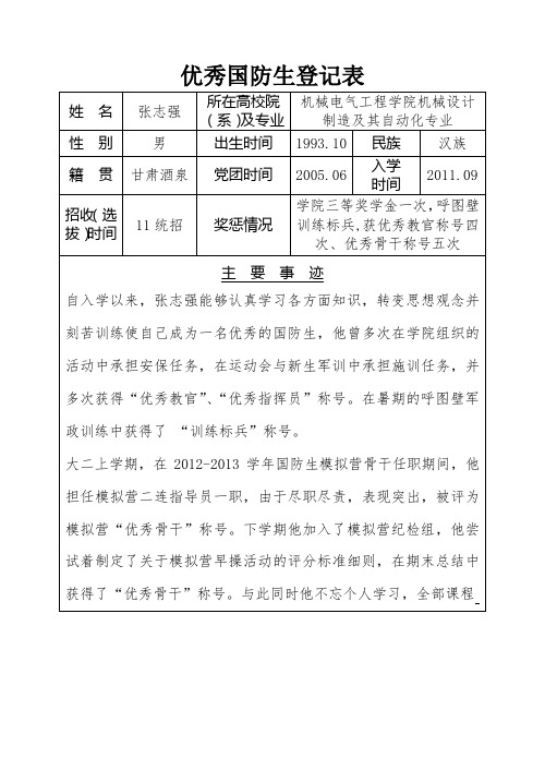 优秀国防生登记表