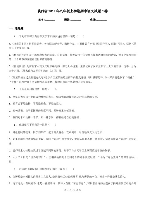 陕西省2019年九年级上学期期中语文试题C卷