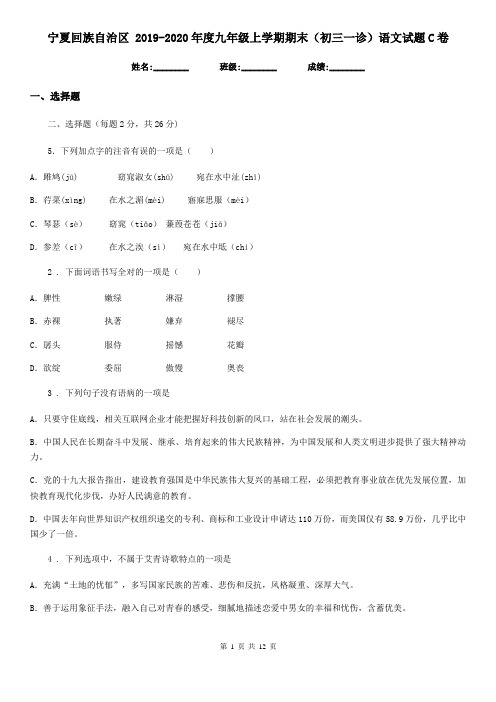 宁夏回族自治区 2019-2020年度九年级上学期期末(初三一诊)语文试题C卷