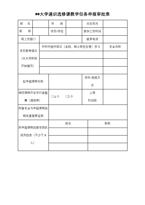 安徽工程大学通识选修课教学任务申报审批表【模板】