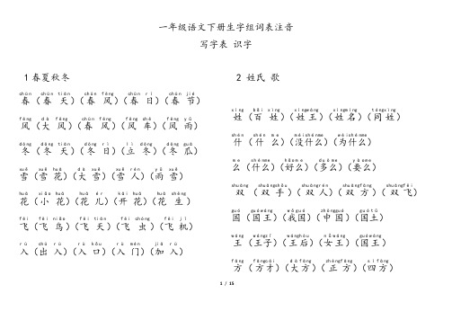 (完整版)人教版部编版一年级语文下册生字表