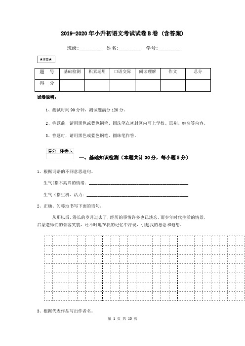 2019-2020年小升初语文考试试卷B卷 (含答案)