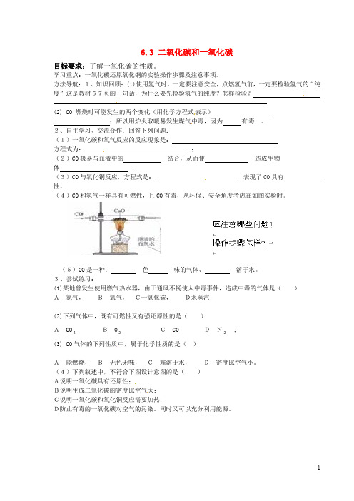 新人教版九年级上册6.3《二氧化碳和一氧化碳(第二课时)》导学案