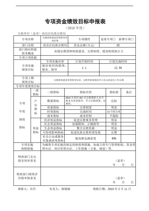 专项资金绩效目标申报表